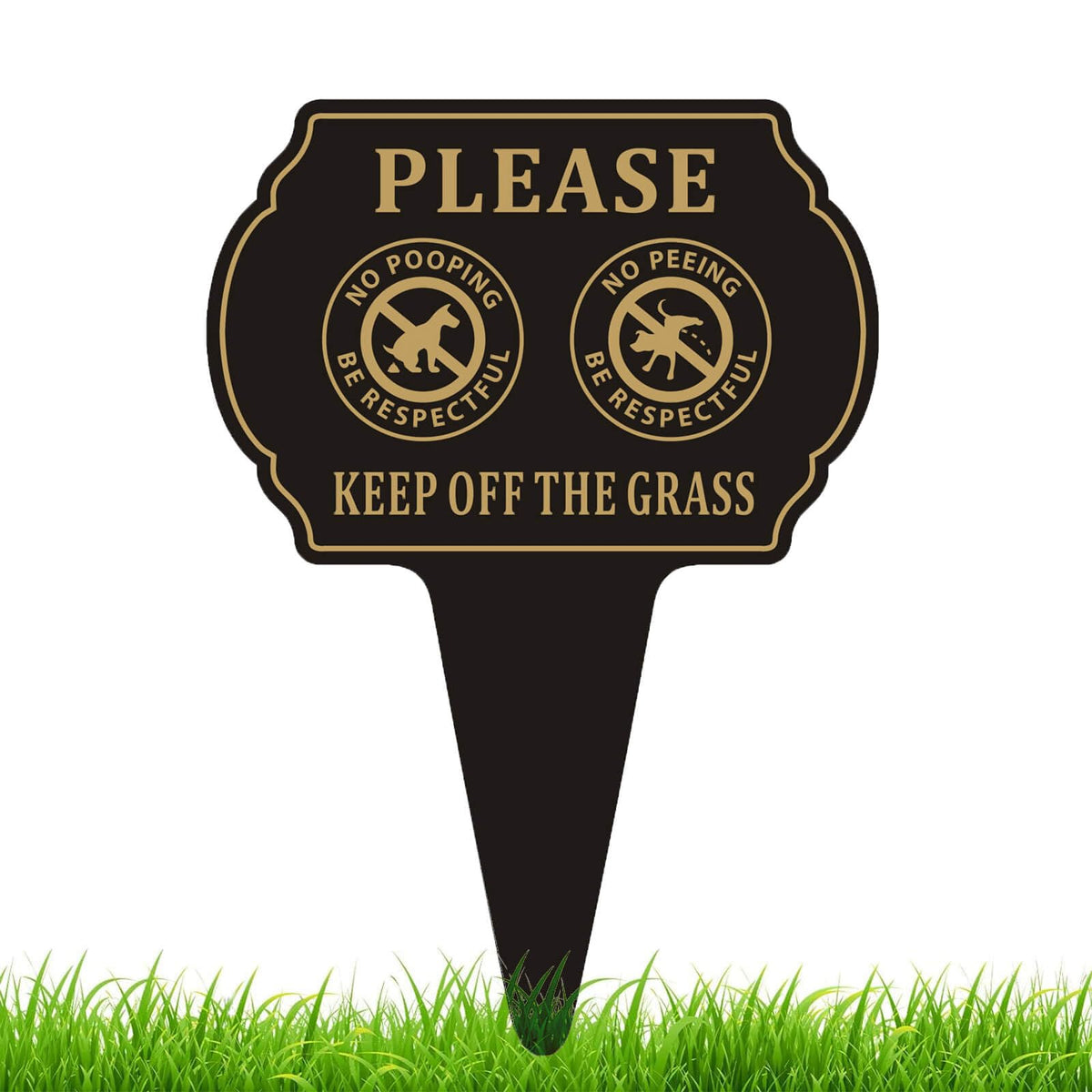 Felexdo no-poop sign on ground stake, side view for clear lawn visibility.