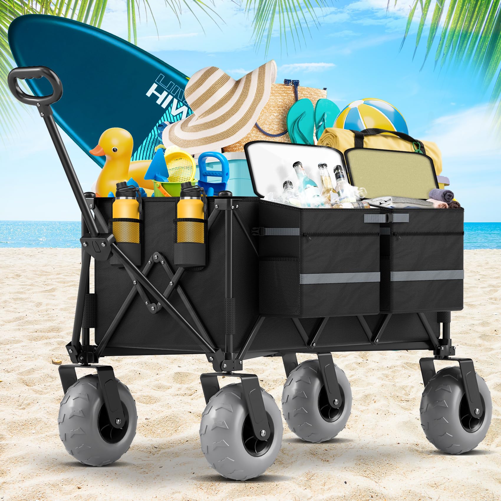 Femotic heavy-duty beach wagon with 9-inch wheels rolling on sand for easy transport