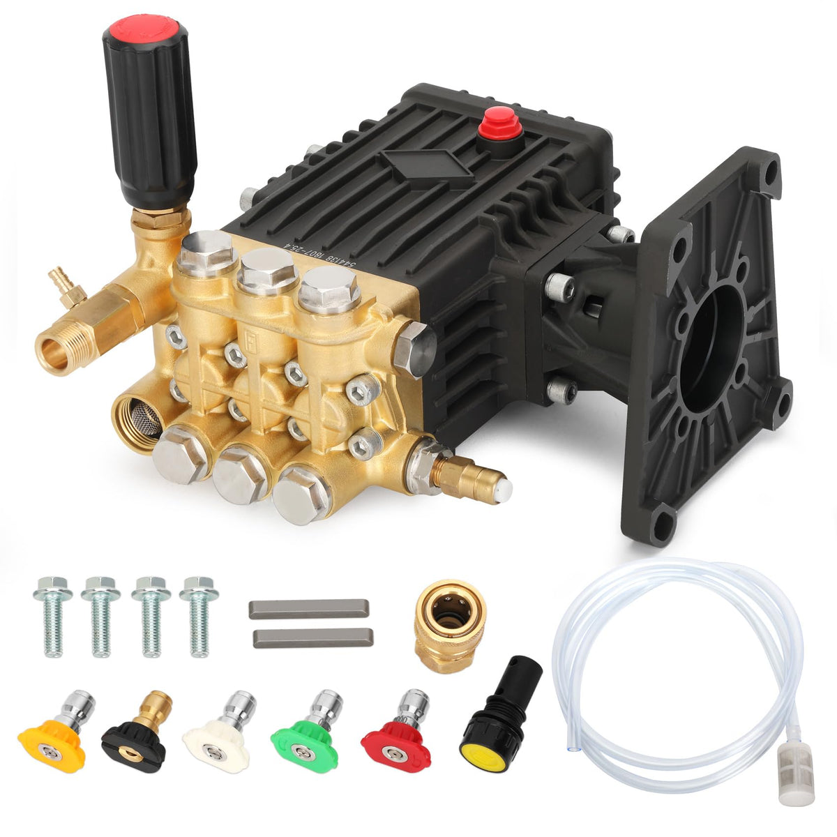 Femotic pressure-washer-pump 1-inch shaft, showing compatibility with Honda, Simpson, and Dewalt units.