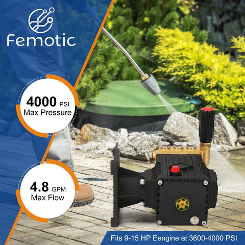 Femotic pressure-washer-pump cooling fins area highlighted, emphasizing heat dissipation for extended use.
