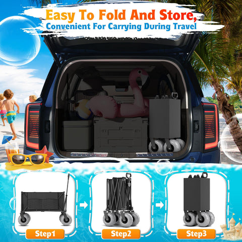 Femotic beach wagon folding mechanism for space-saving storage