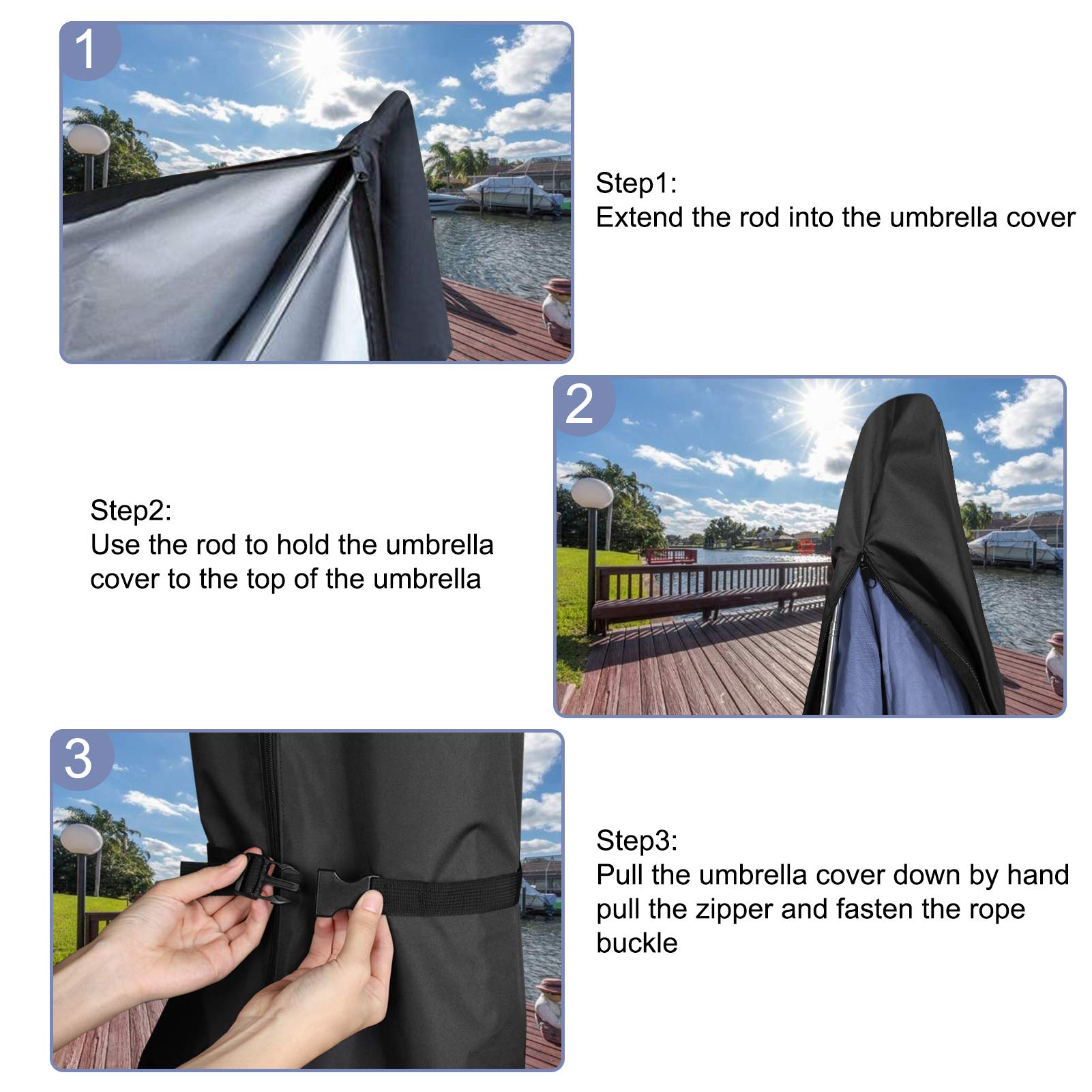 Femuar black umbrella cover ready for year-round outdoor use.