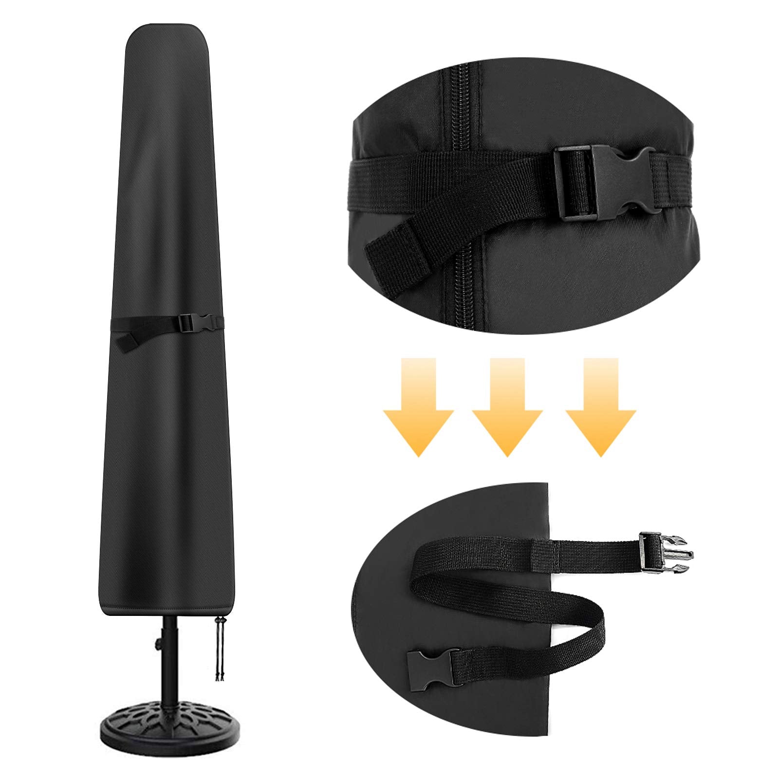 Femuar umbrella cover with telescopic pole facilitates installation without a ladder.