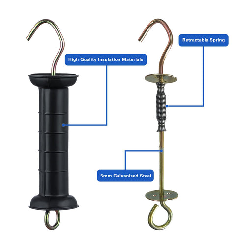 FENCE SHOCK internal-spring gate handle closeup highlights smooth operation and extended life.