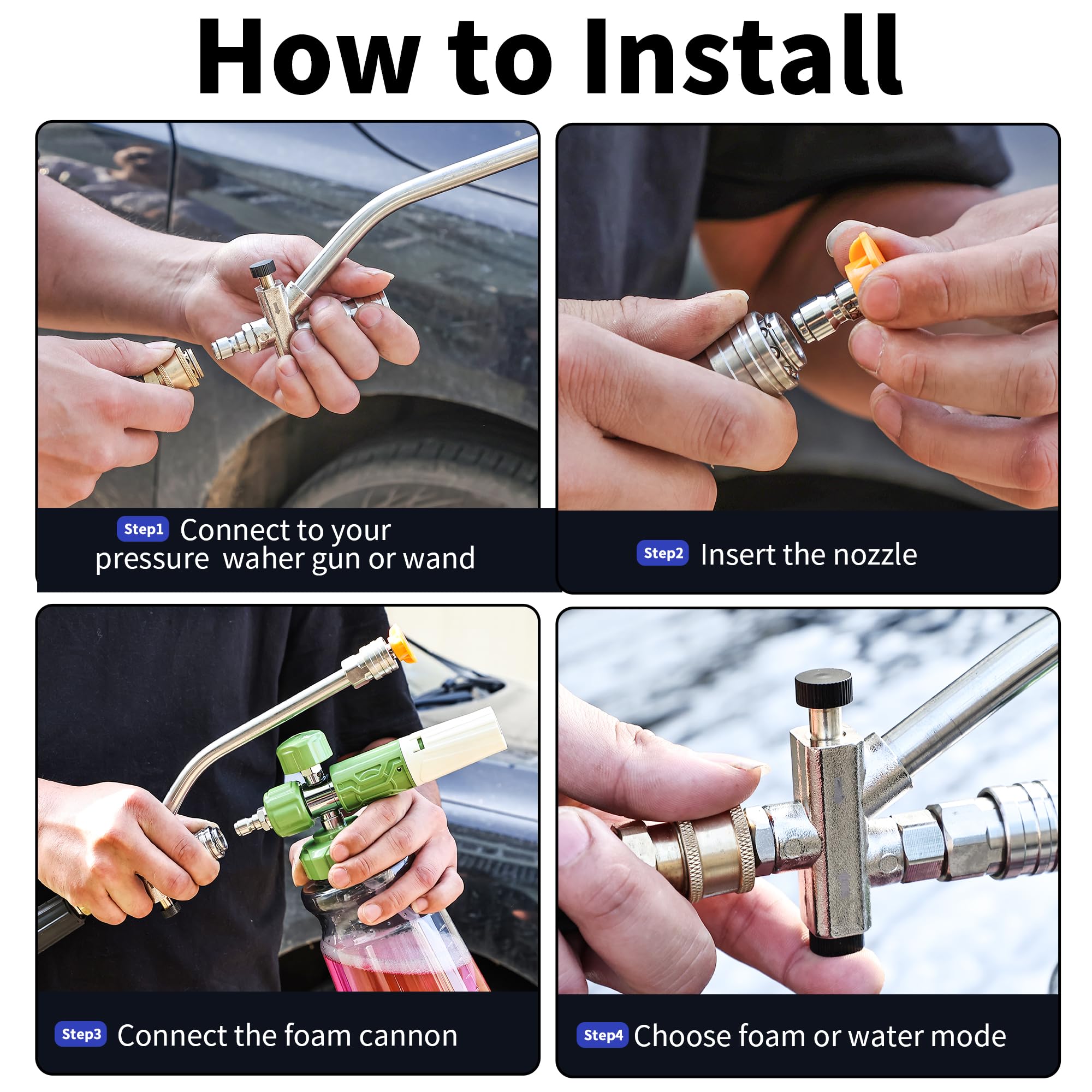Foam cannon nozzle angles from narrow to wide for versatile cleaning.