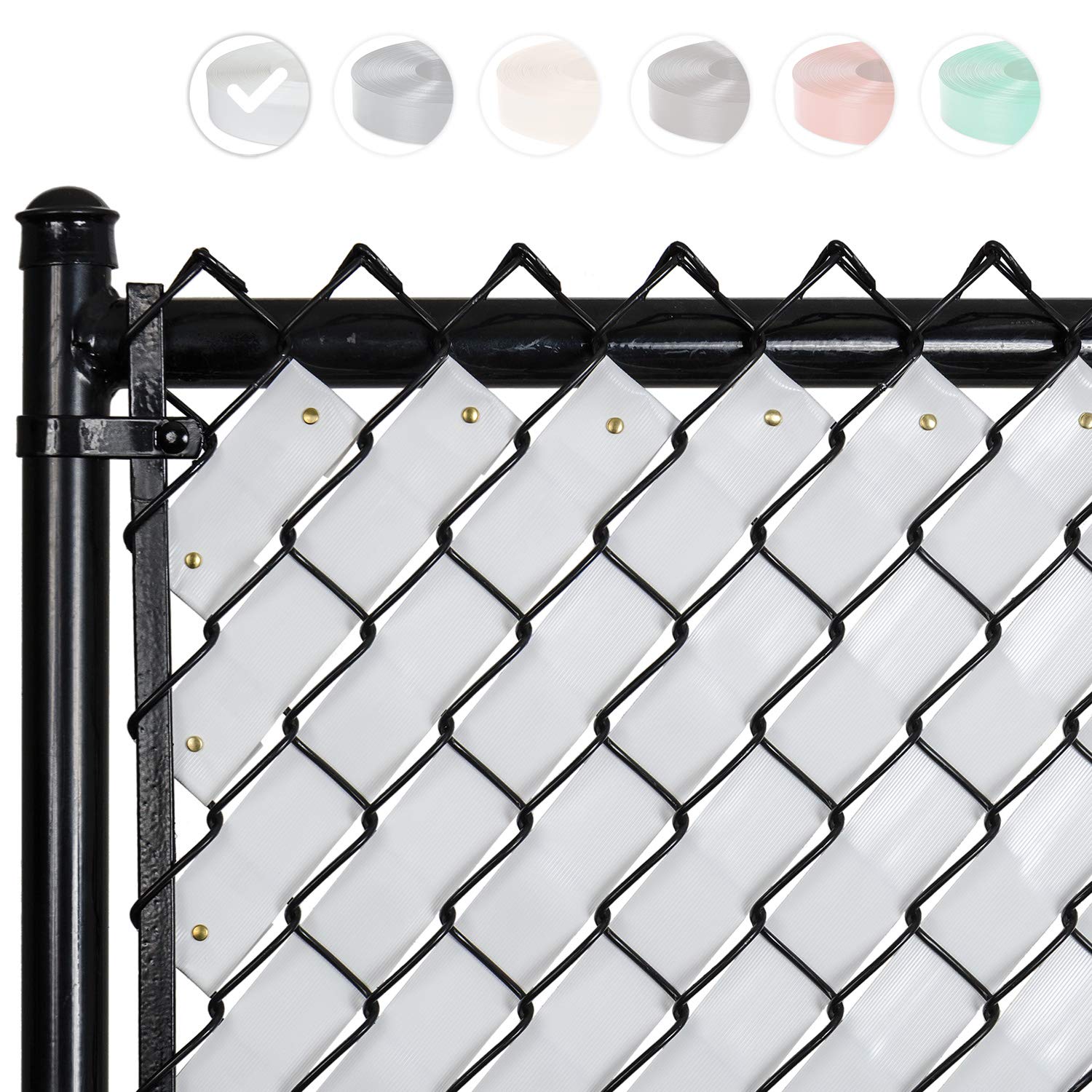 Fenpro privacy tape on a chain-link fence in Arctic White roll for private outdoor space.