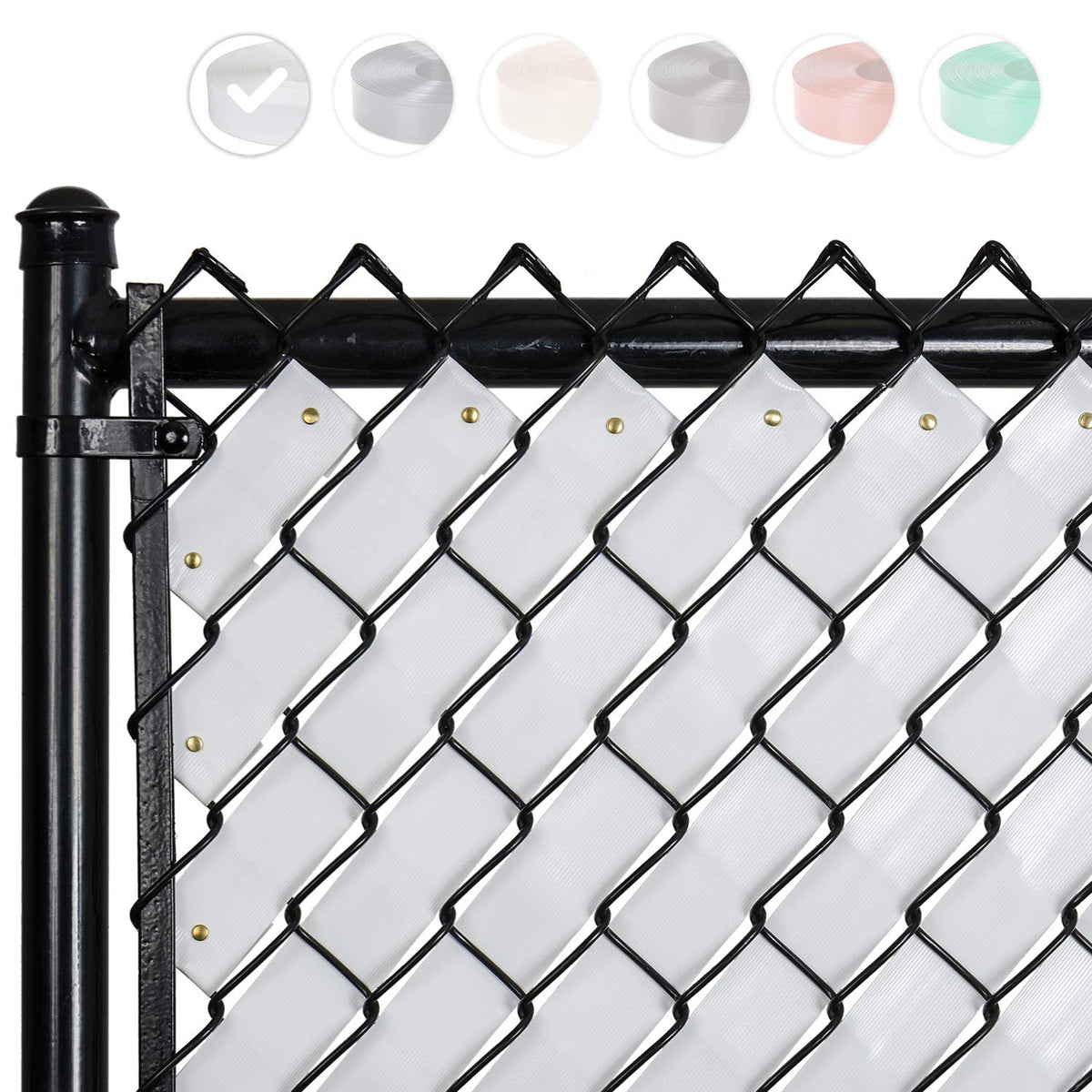 Fenpro privacy tape on a chain-link fence in Arctic White roll for private outdoor space.
