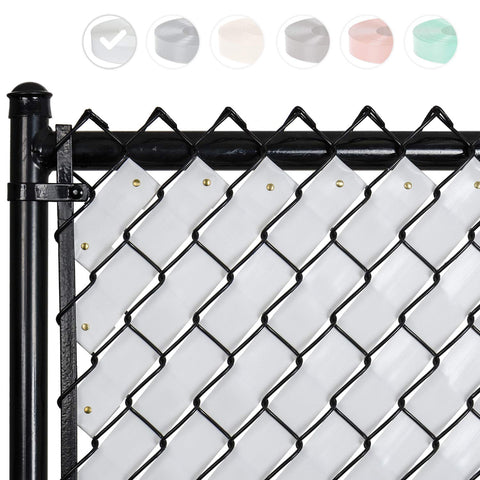 Fenpro privacy tape on a chain-link fence in Arctic White roll for private outdoor space.
