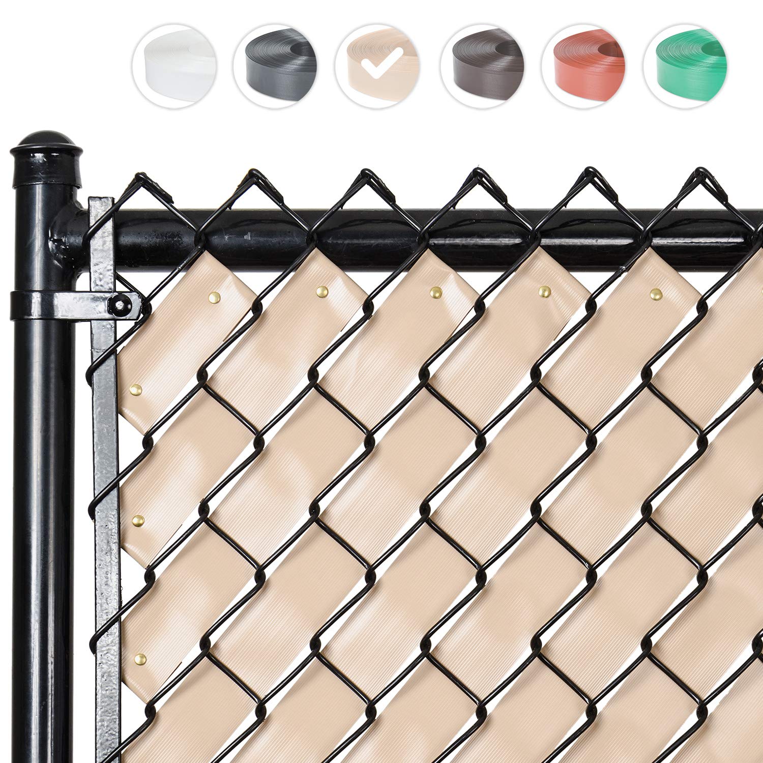 Fenpro Desert Tan privacy tape on a chain-link fence for backyard privacy and airflow
