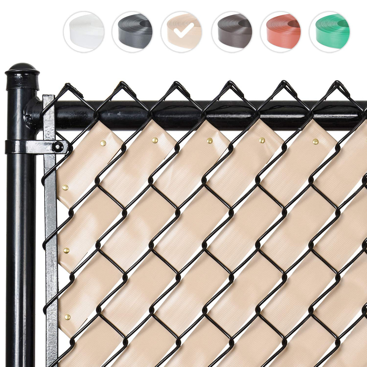 Fenpro Desert Tan privacy tape on a chain-link fence for backyard privacy and airflow