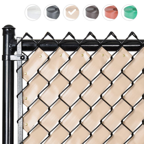 Fenpro Desert Tan privacy tape on a chain-link fence for backyard privacy and airflow