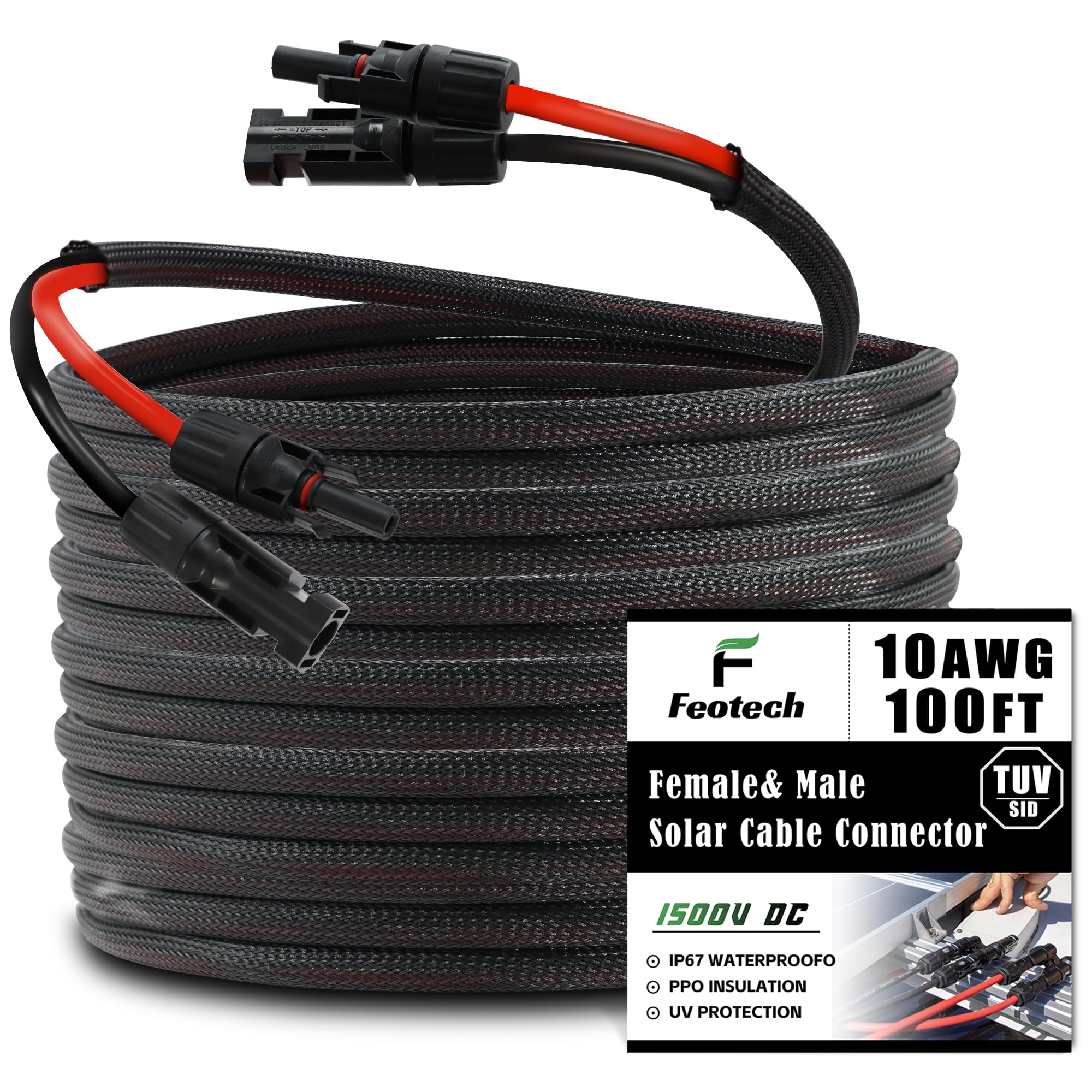 Feotech twin-wire 100ft solar extension cable for outdoor solar setups.
