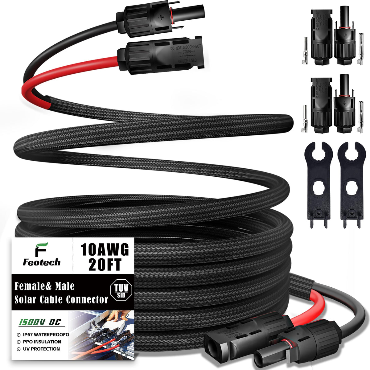 Feotech twin-wire 20ft solar extension with IP67 rating for outdoor reliability.