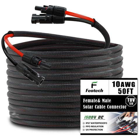 Feotech Twin Wire 50ft solar extension cable with red and black conductors for outdoor energy transfer.