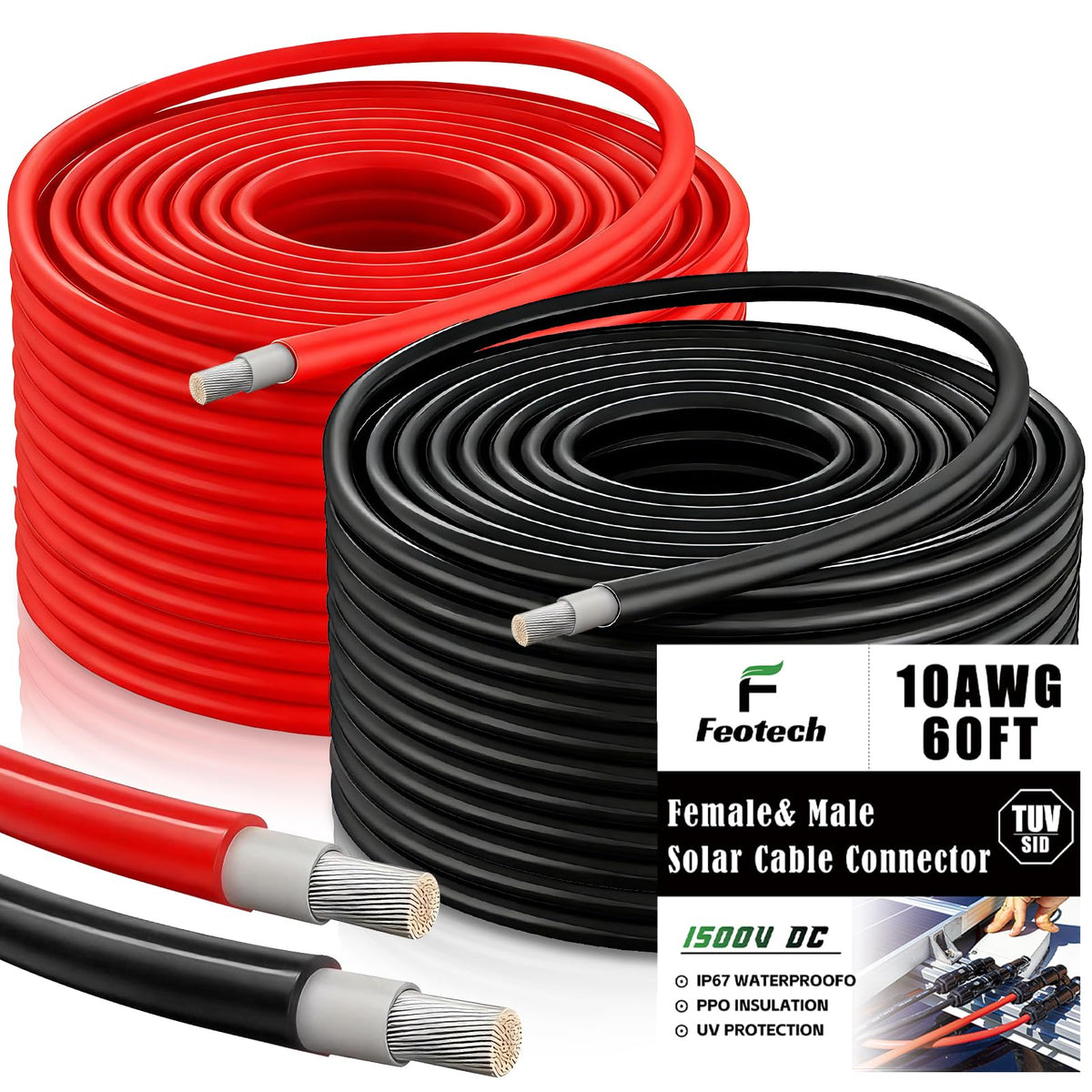 Feotech twin wire solar extension cable for roof installation, durable outdoor performance.