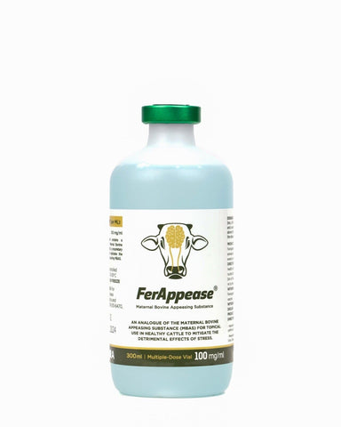 FerAppease bovine stress-relief bottle soothing cattle during handling and transport.