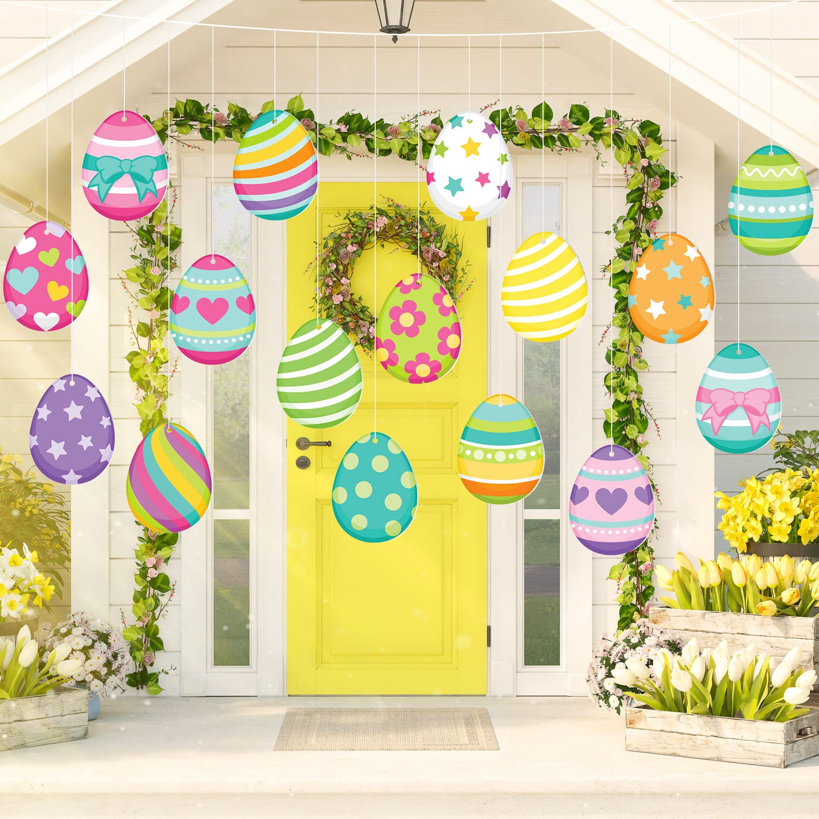 Ferraycle eggs decorate windows, doors, and walls for Easter.