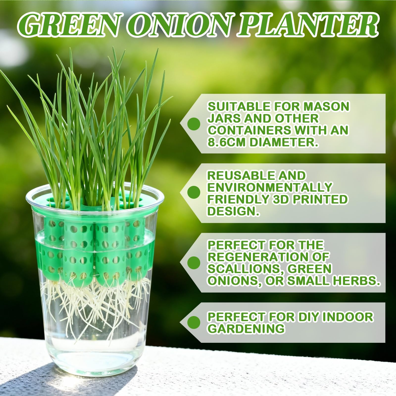 Ferrochef green onion planter in a Mason jar demonstrates compact countertop setup.