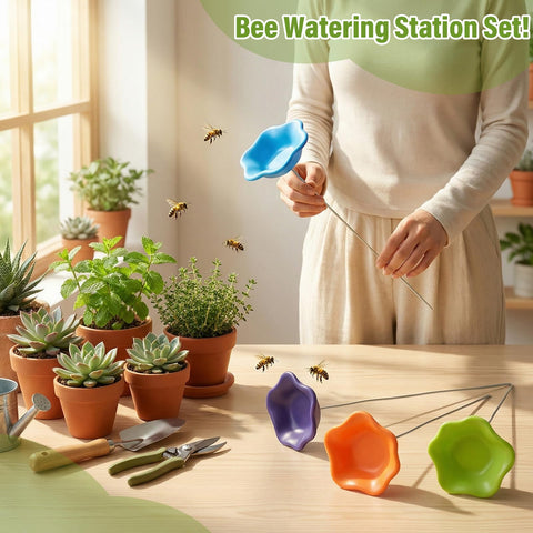 Ferrochef resin bee watering station green blends with plants while hydrating bees