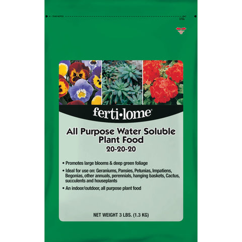 Ferti-lome 20-20-20 bottle pour demonstrating soil drench for robust root uptake.