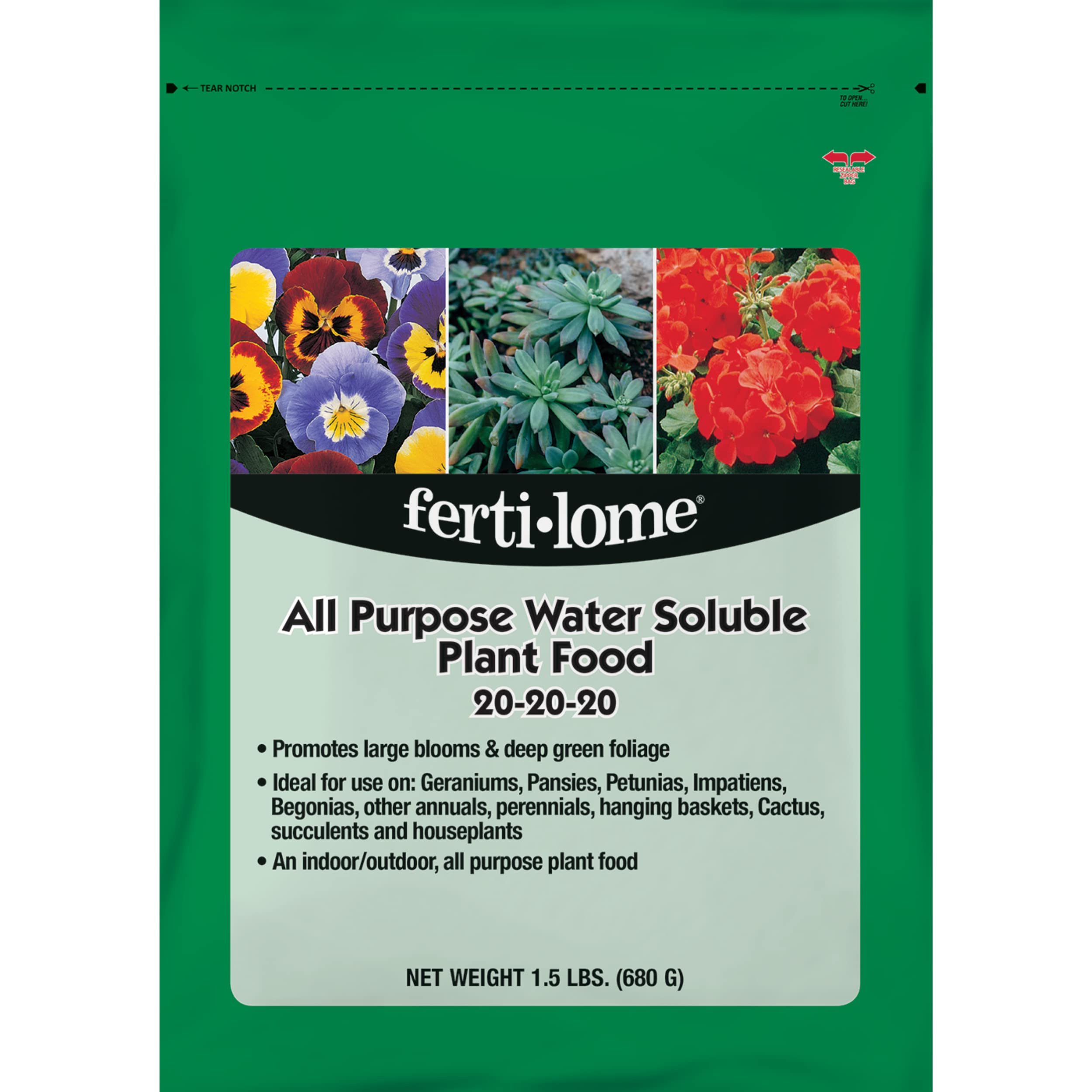 Ferti-Lome all-purpose 20-20-20 bottle pour supports soil drenches for quick root feeding.