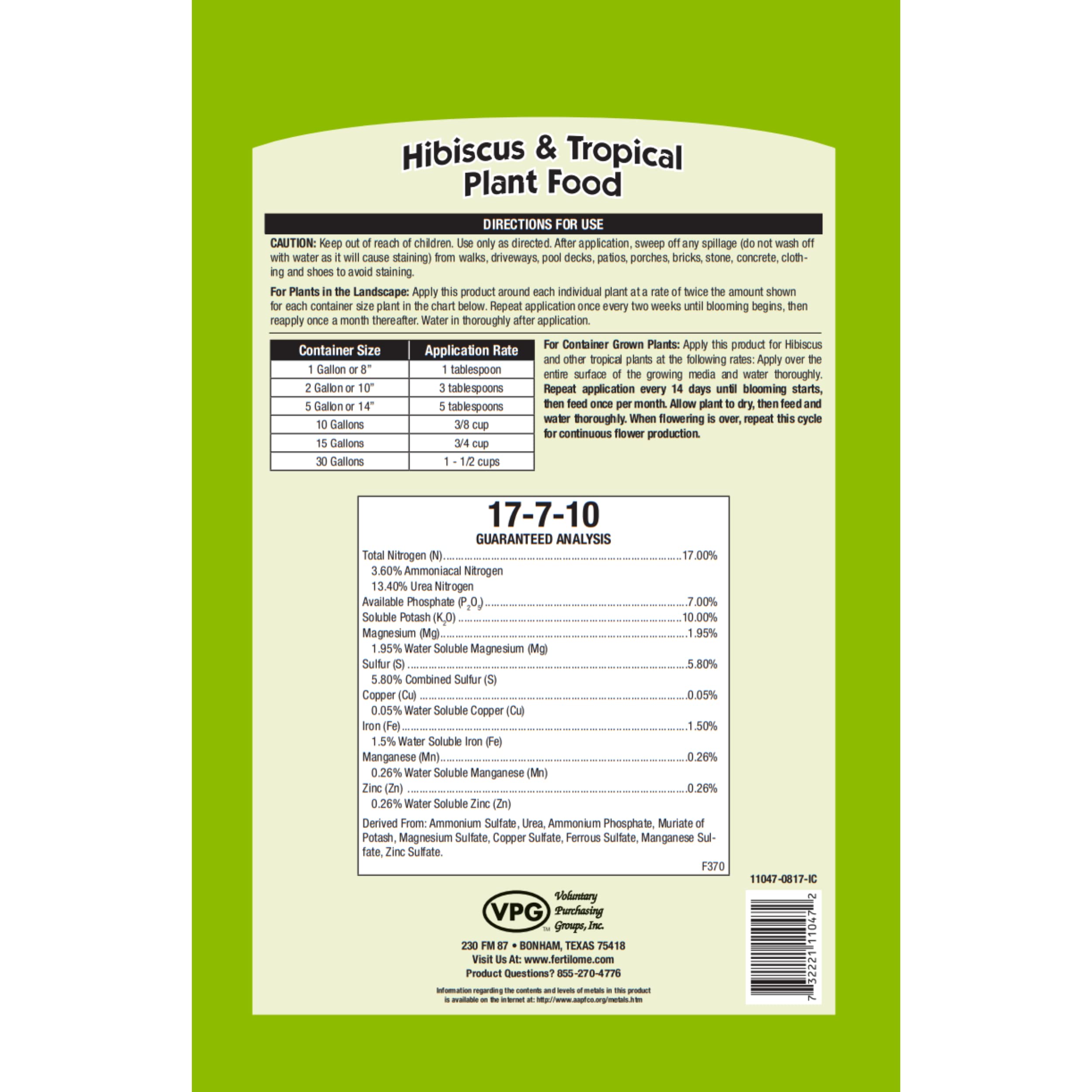 Ferti-Lome bloom-boost formula for tropical plants promoting larger, colorful blooms.
