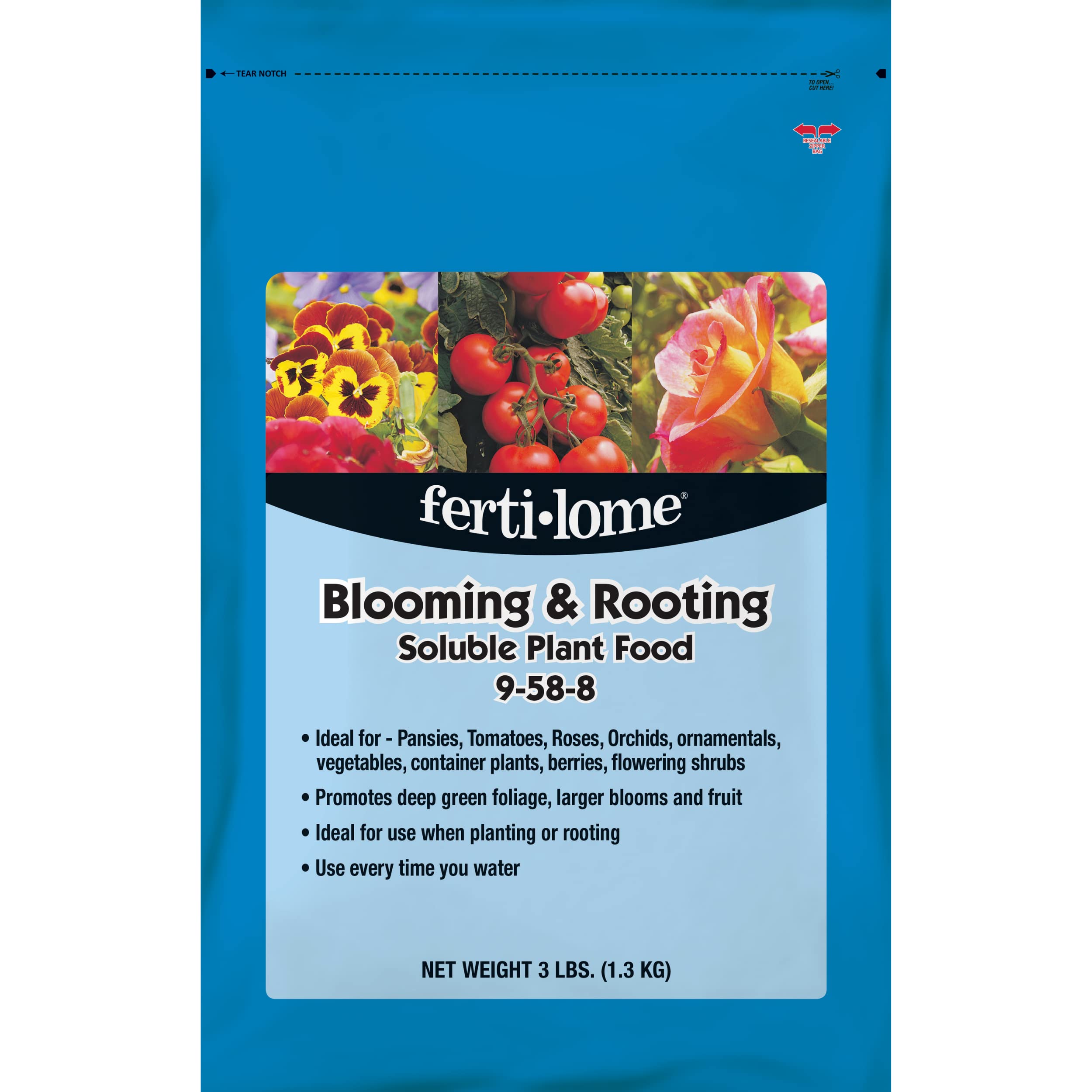 Ferti-Lome Blooming and Rooting 3 lb bag supports blooms and root development.