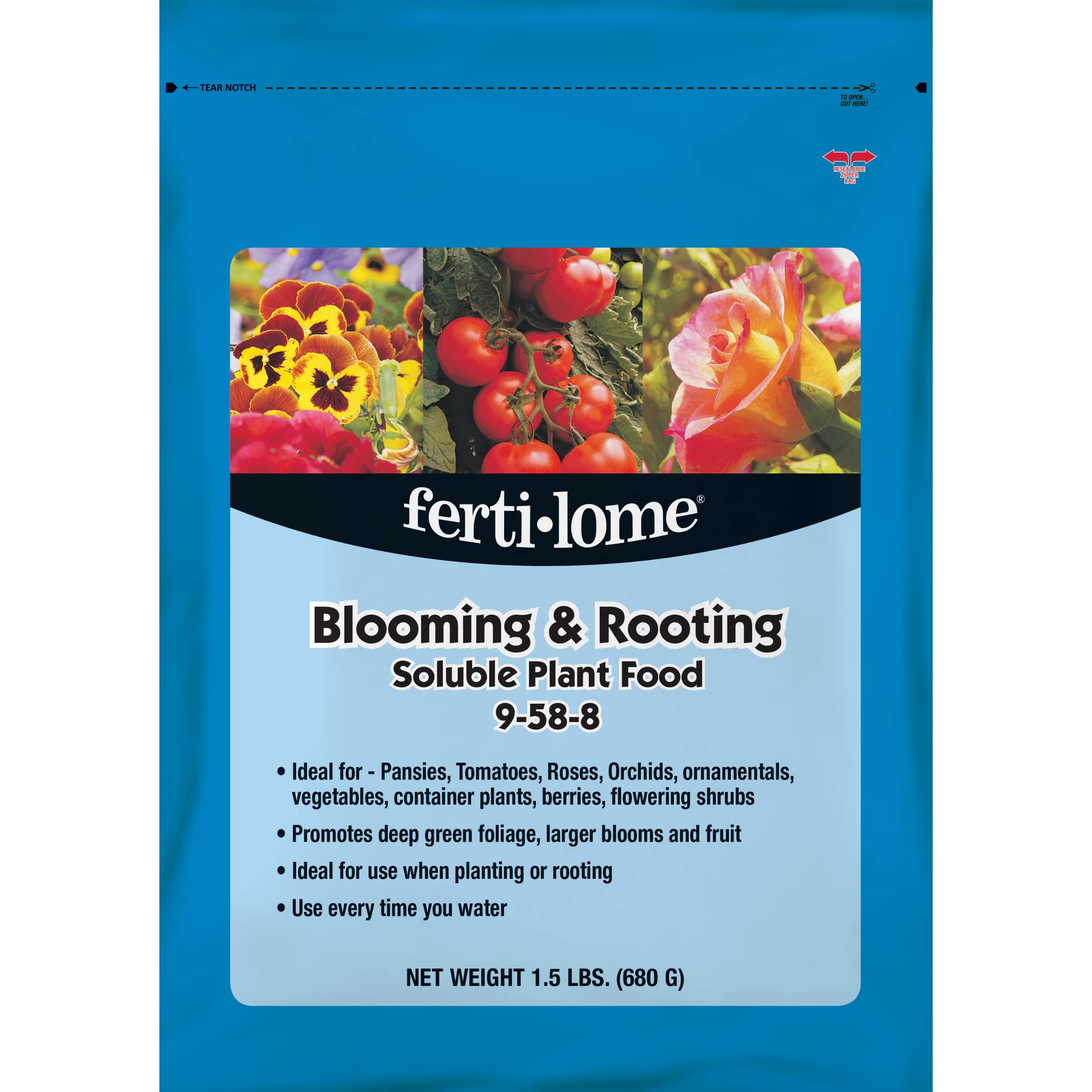 Ferti-lome Blooming and Rooting plant food bag boosts roots and blooms.