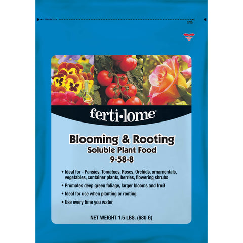 Ferti-lome Blooming and Rooting plant food bag boosts roots and blooms.