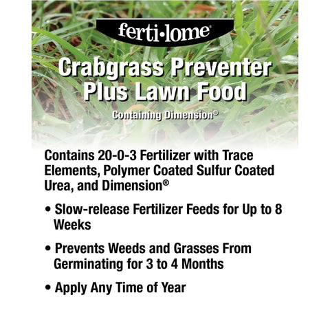 Ferti-lome crabgrass preventer bag on a neat green lawn showing prevention and feeding.