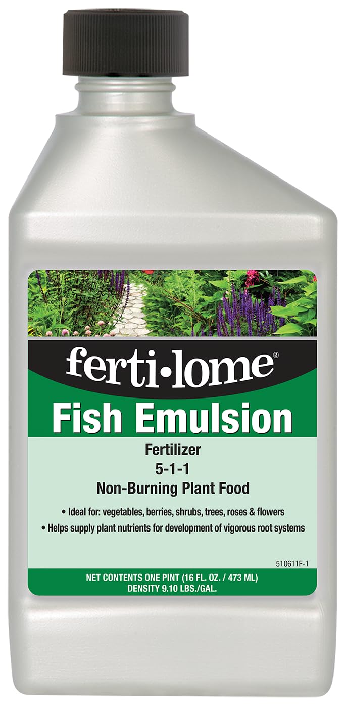 Ferti-lome fish emulsion bottle pour for easy application and vibrant foliage.