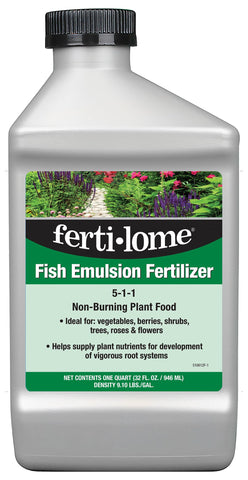 Ferti-lome fish emulsion fertilizer bottle promotes lush foliage and strong roots for indoor and outdoor use.