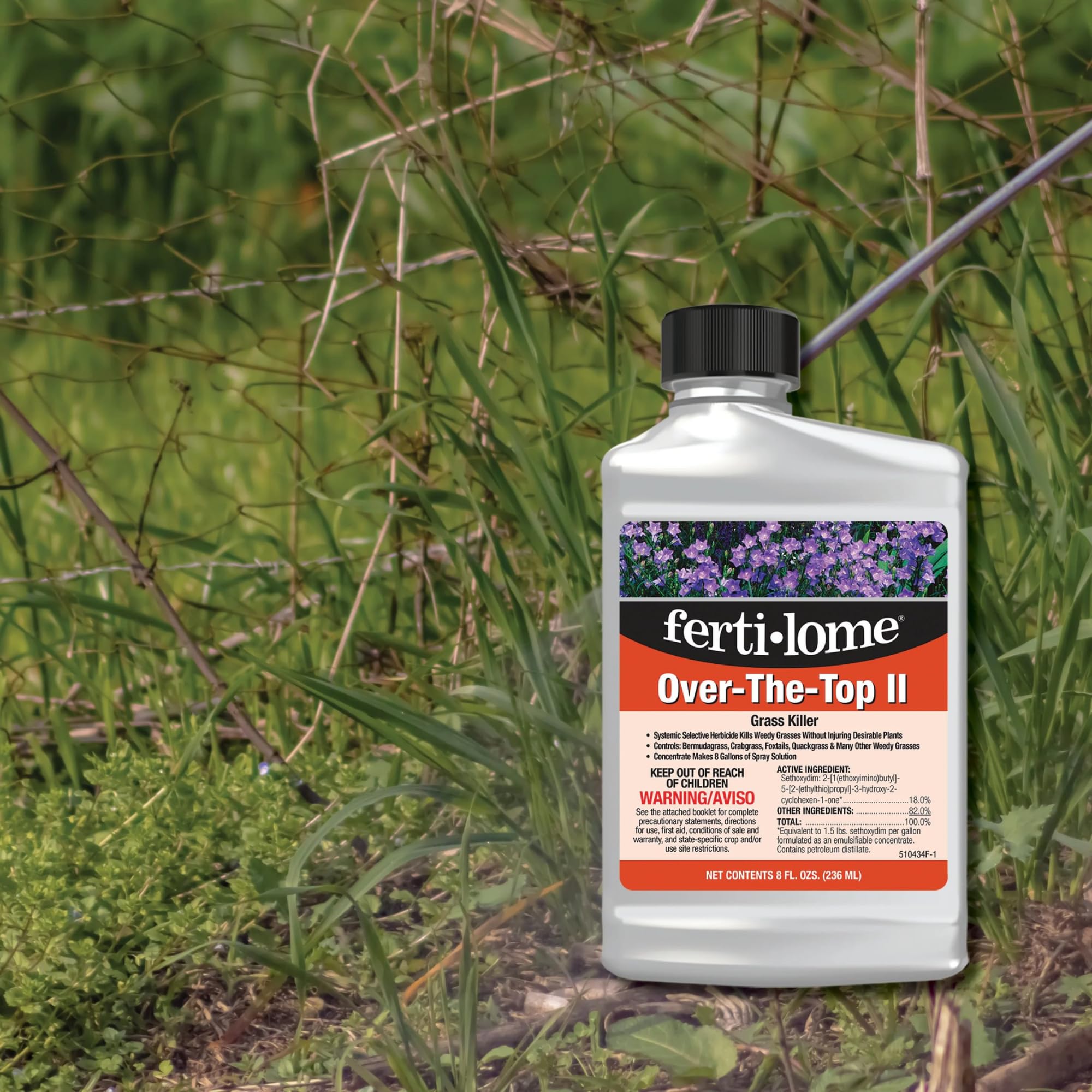 Closeup of the Fertilome grass killer label showing selective weed control