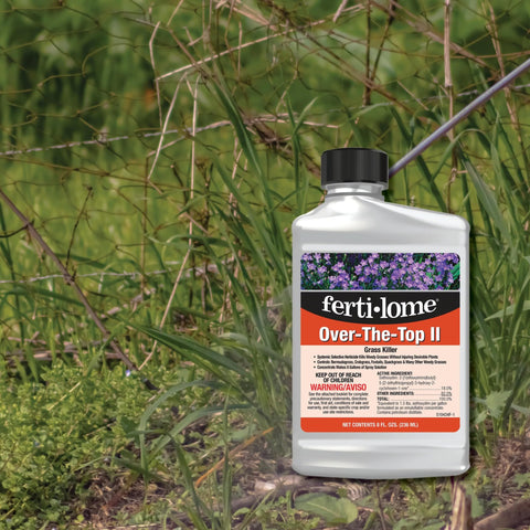 Closeup of the Fertilome grass killer label showing selective weed control