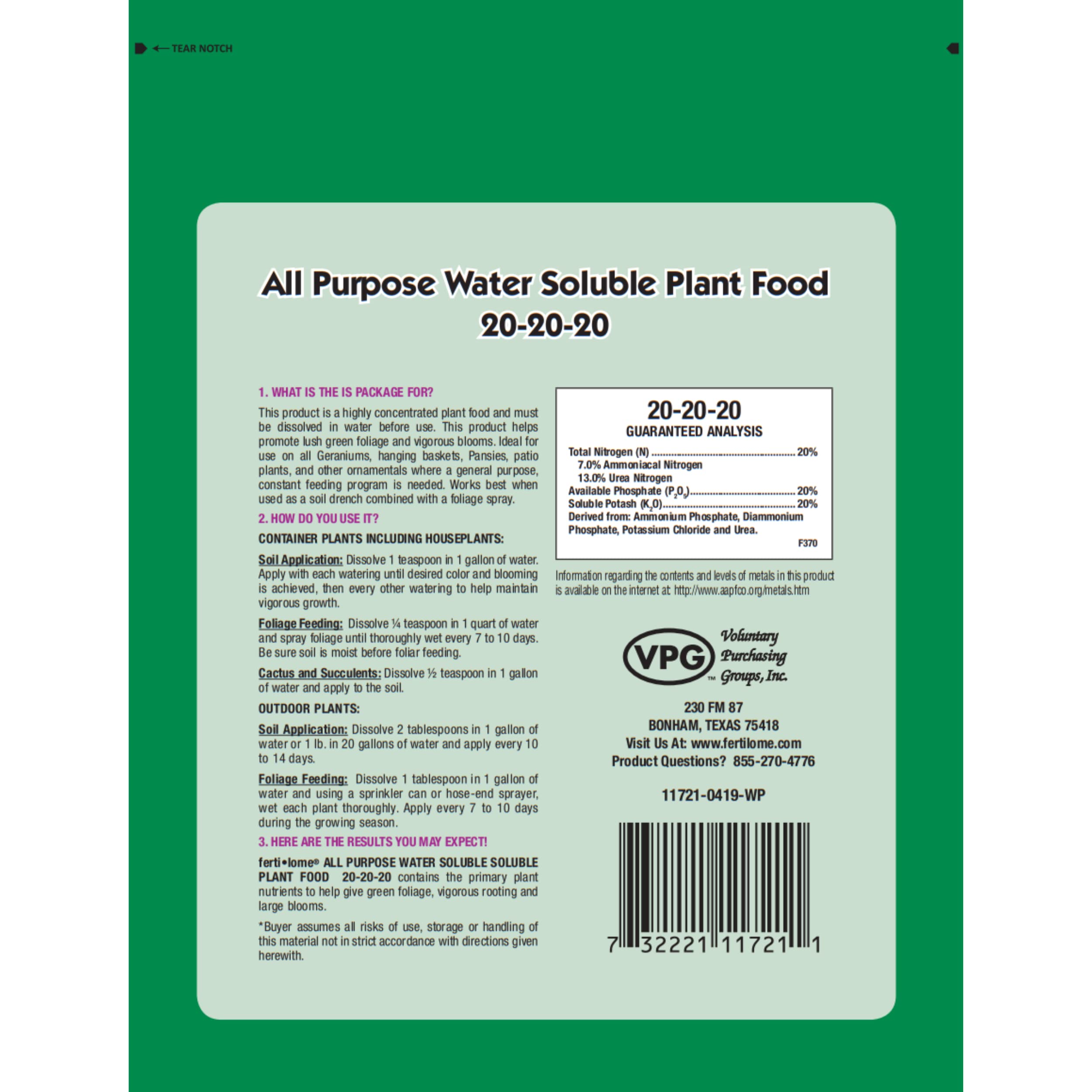 Ferti-Lome 20-20-20 label close-up highlights balanced nutrients for versatile use.