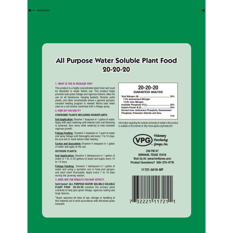 Ferti-Lome 20-20-20 label close-up highlights balanced nutrients for versatile use.