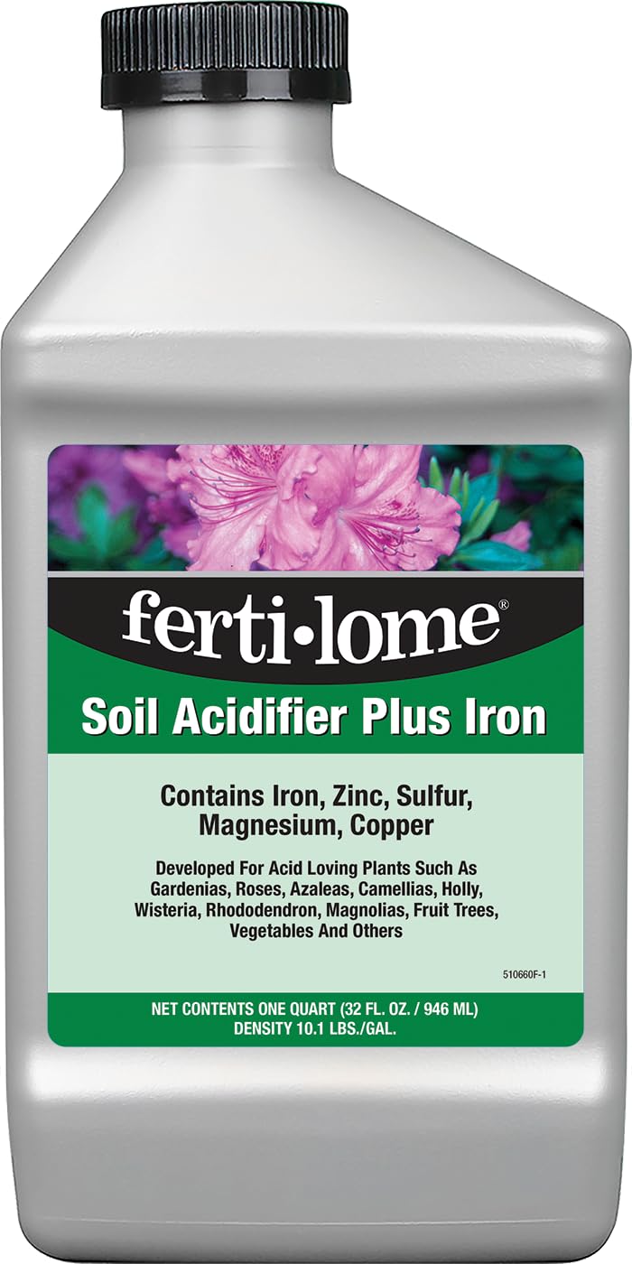 Ferti-Lome Soil Acidifier Plus Iron bottle demonstrates a dilutable solution for acid-loving plants.