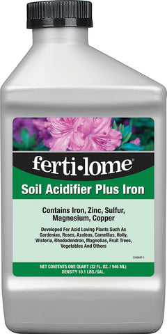 Ferti-Lome Soil Acidifier Plus Iron bottle demonstrates a dilutable solution for acid-loving plants.