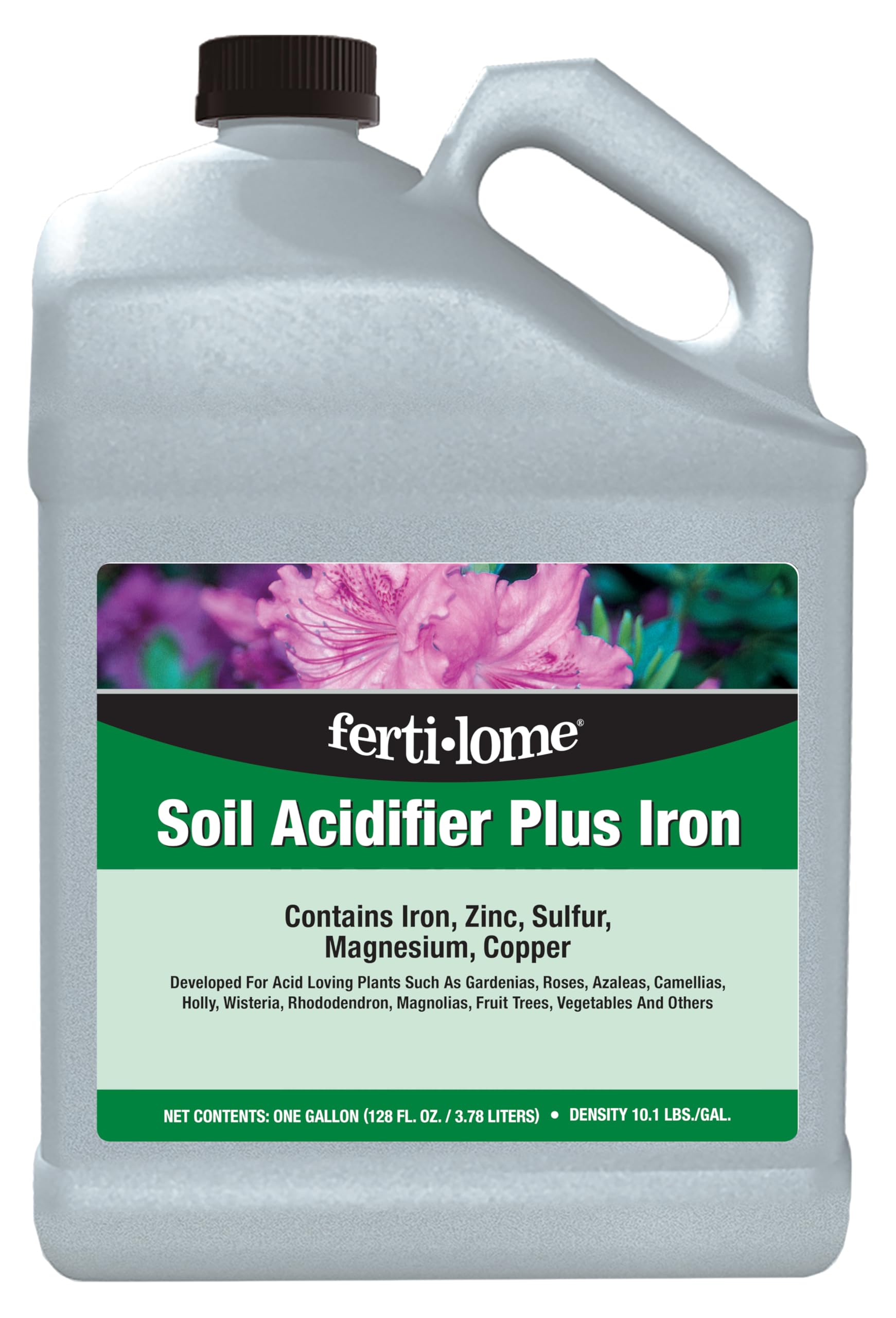 Ferti-lome soil acidifier plus iron bottle supports vibrant growth in acid-loving plants.