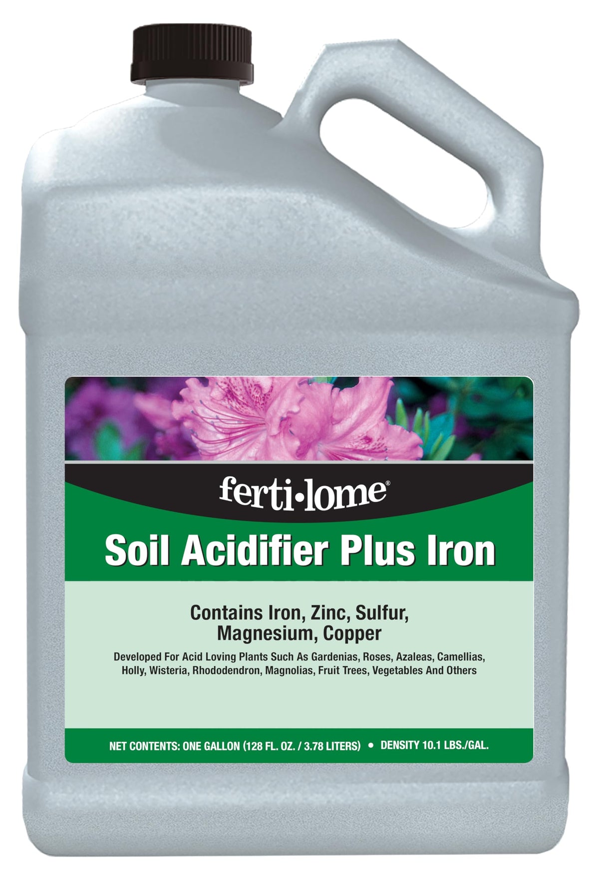 Ferti-lome soil acidifier plus iron bottle supports vibrant growth in acid-loving plants.