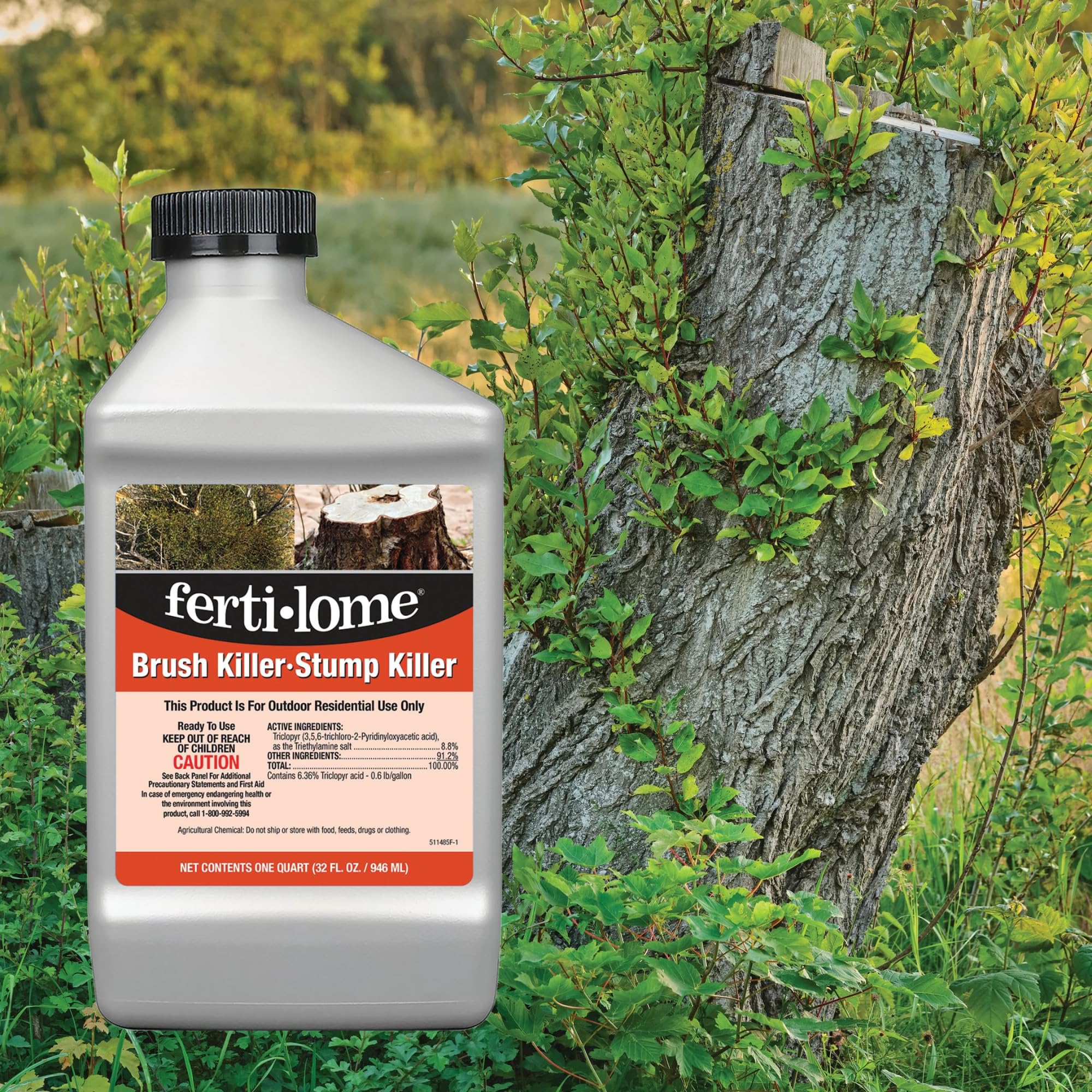 Ferti-Lome stump killer being sprayed on leaves for targeted application.