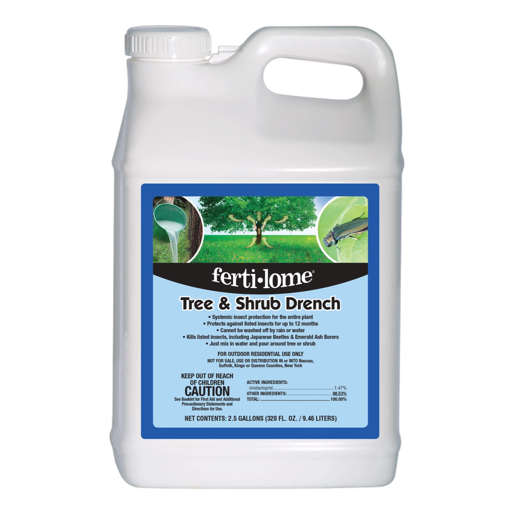 Ferti-lome Tree and Shrub Insect Drench bottle pour for healthier shrubs.