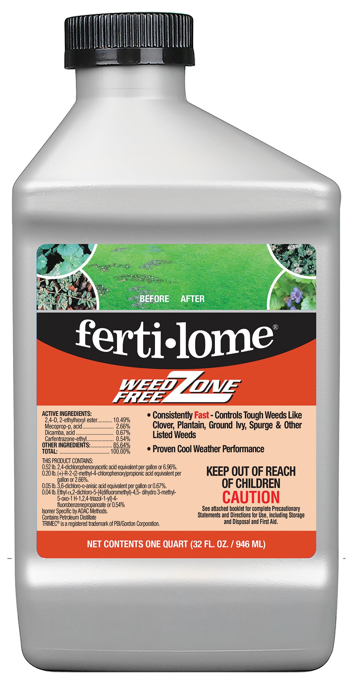 Ferti-lome Weed Free Zone 32oz bottle ready for lawn weed control.