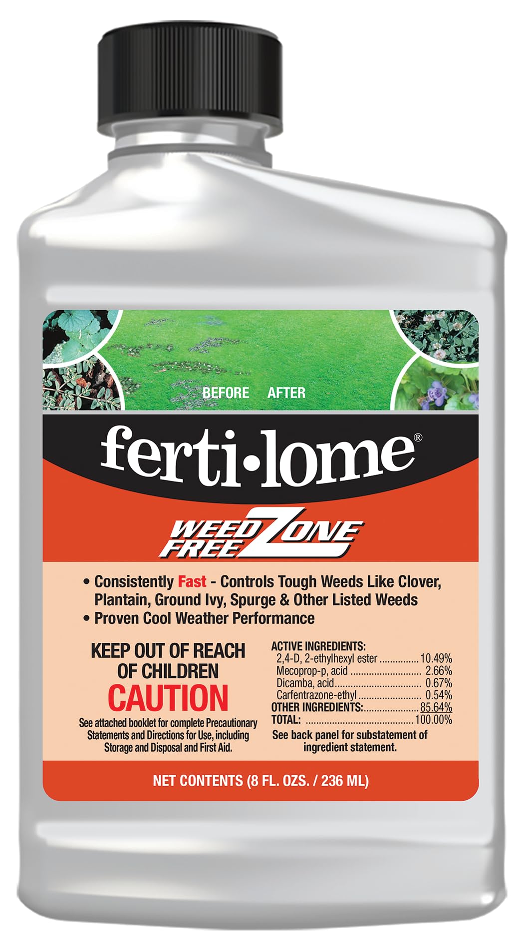 Ferti-Lome Weed Free Zone 8oz bottle ready to treat broadleaf weeds on lawns.