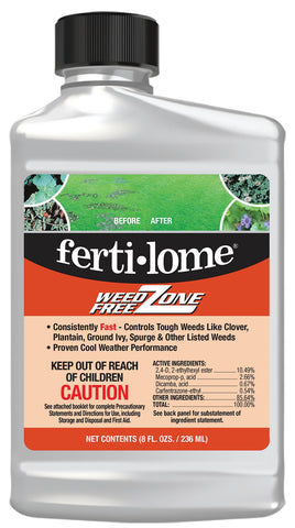 Ferti-Lome Weed Free Zone 8oz bottle ready to treat broadleaf weeds on lawns.