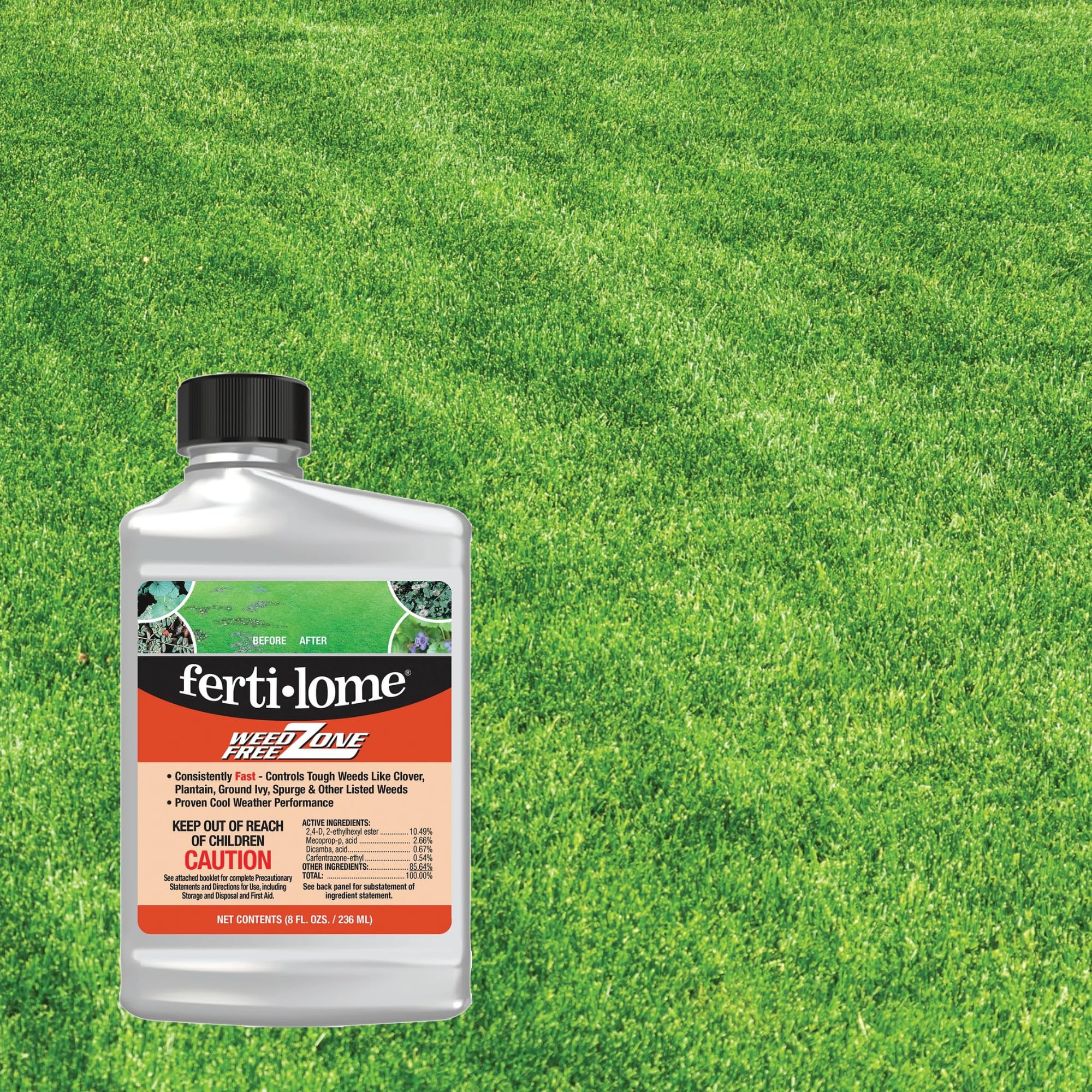 Ferti-Lome Weed Free Zone spray applied to a lawn for rapid weed control.