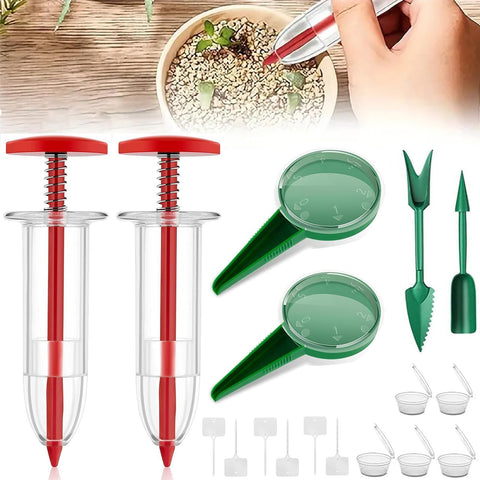 Fertile Rain mini seed spreader with front cover removed for precise sowing