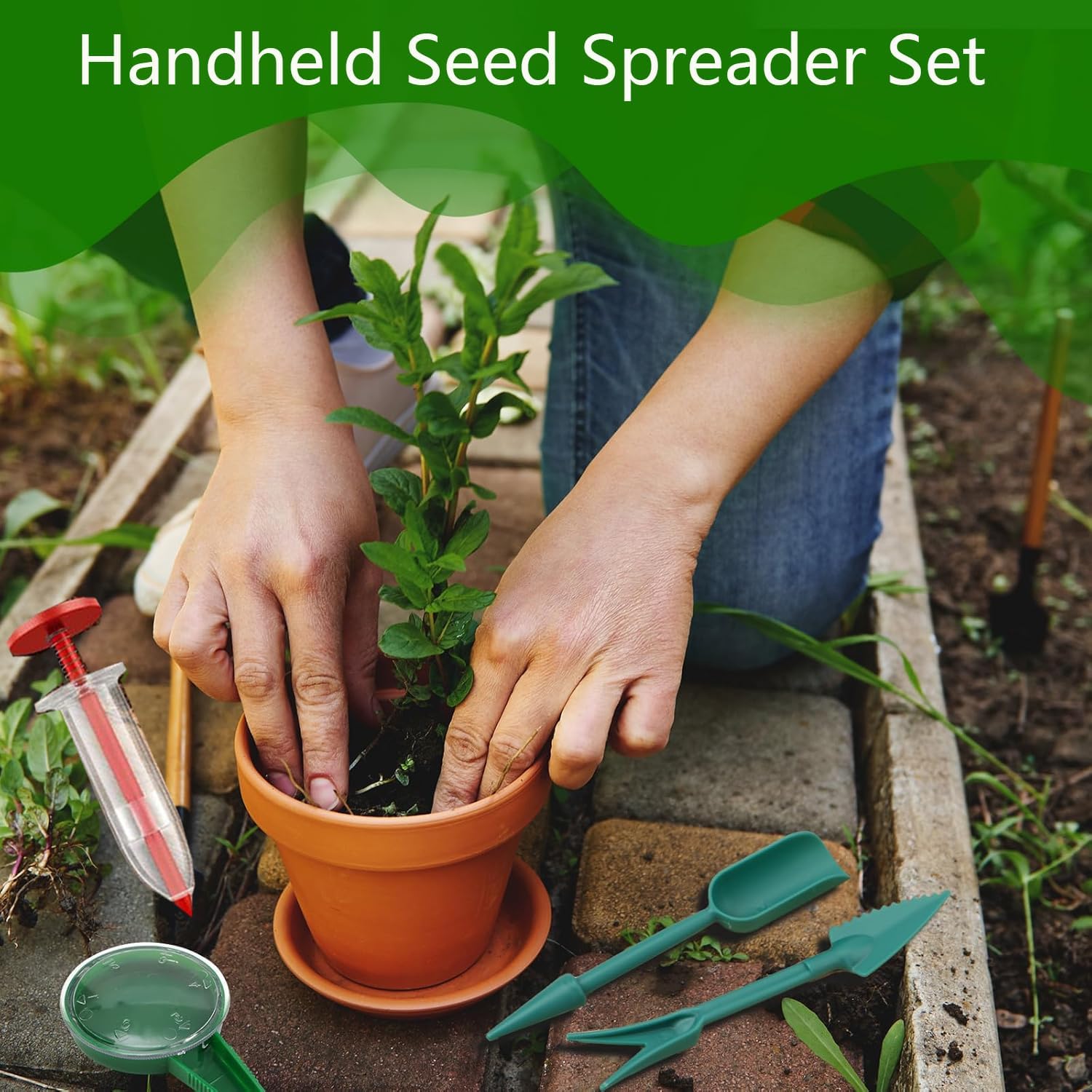 Fertile Rain mini seed spreader in hand for easy planting