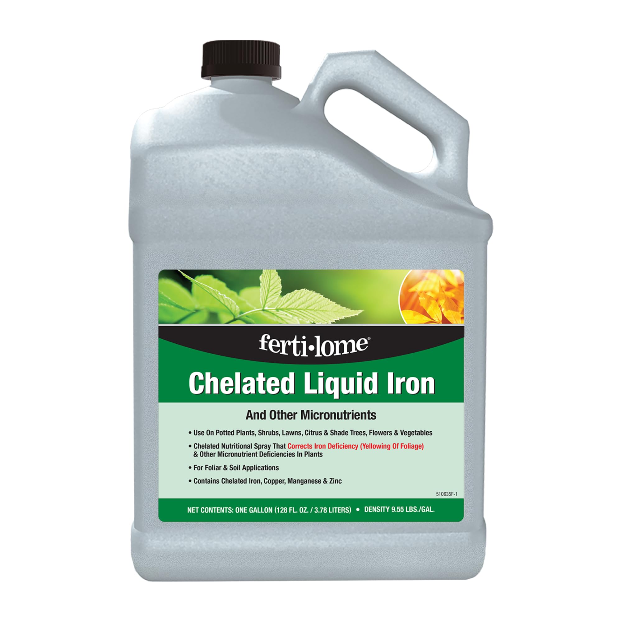 Ferti-lome chelated liquid iron bottle pour improves leaf color and nutrient uptake.