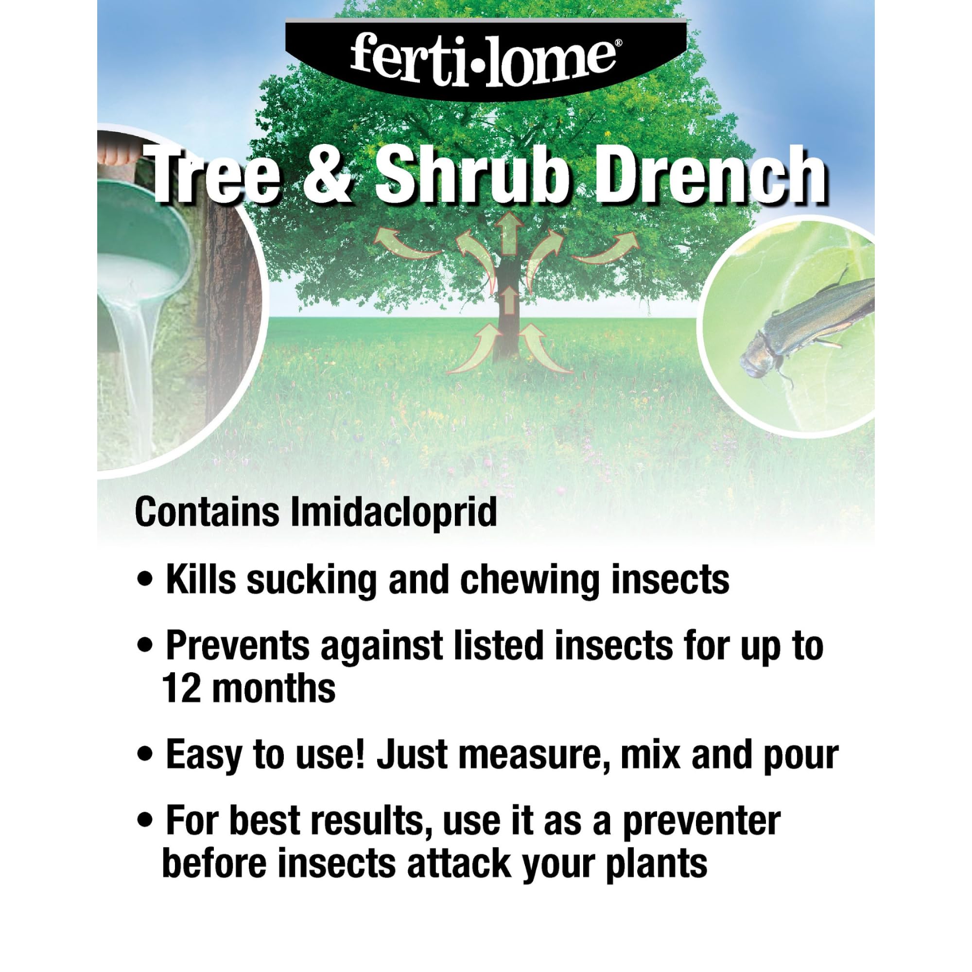 Ferti-lome outdoor insect control applied around tree trunks for shrub protection.